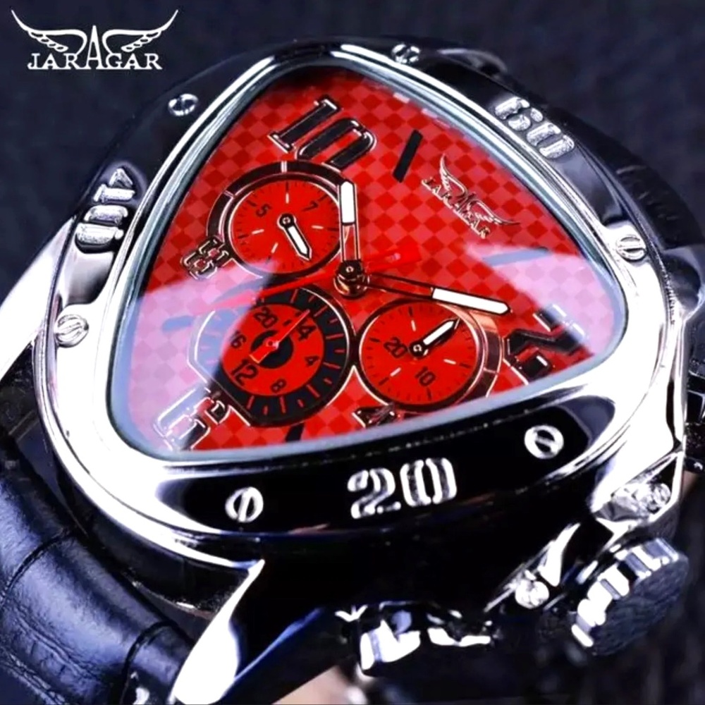 Jaragar Mens  BIG 45mm  Luxury Triangle Watch Genuine Leather Band. Great Gift
